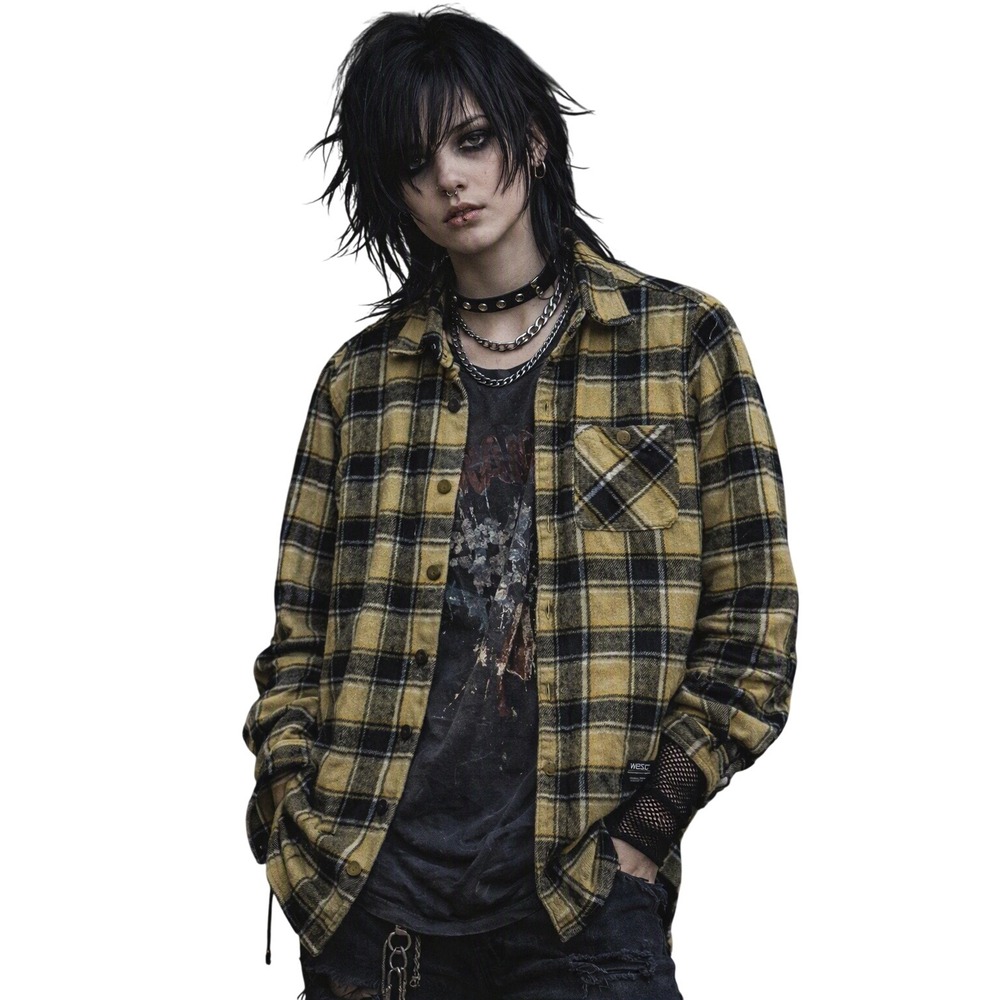 WeSC Overshirt Yellow Black Oden OG Plaid Flannel Mens S Womens M Street Grunge